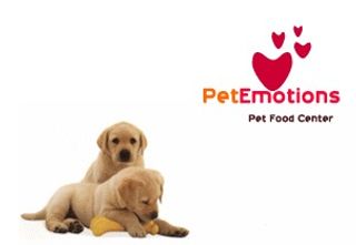 Snacks e suplementos para cães alinhados em frente ao expositor da PetEmotions Pet Food Center.